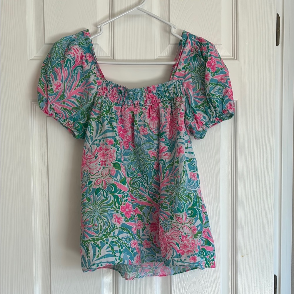 Ladies Linen Lily Pulitzer Green Smocked Puff Sleeve Blouse